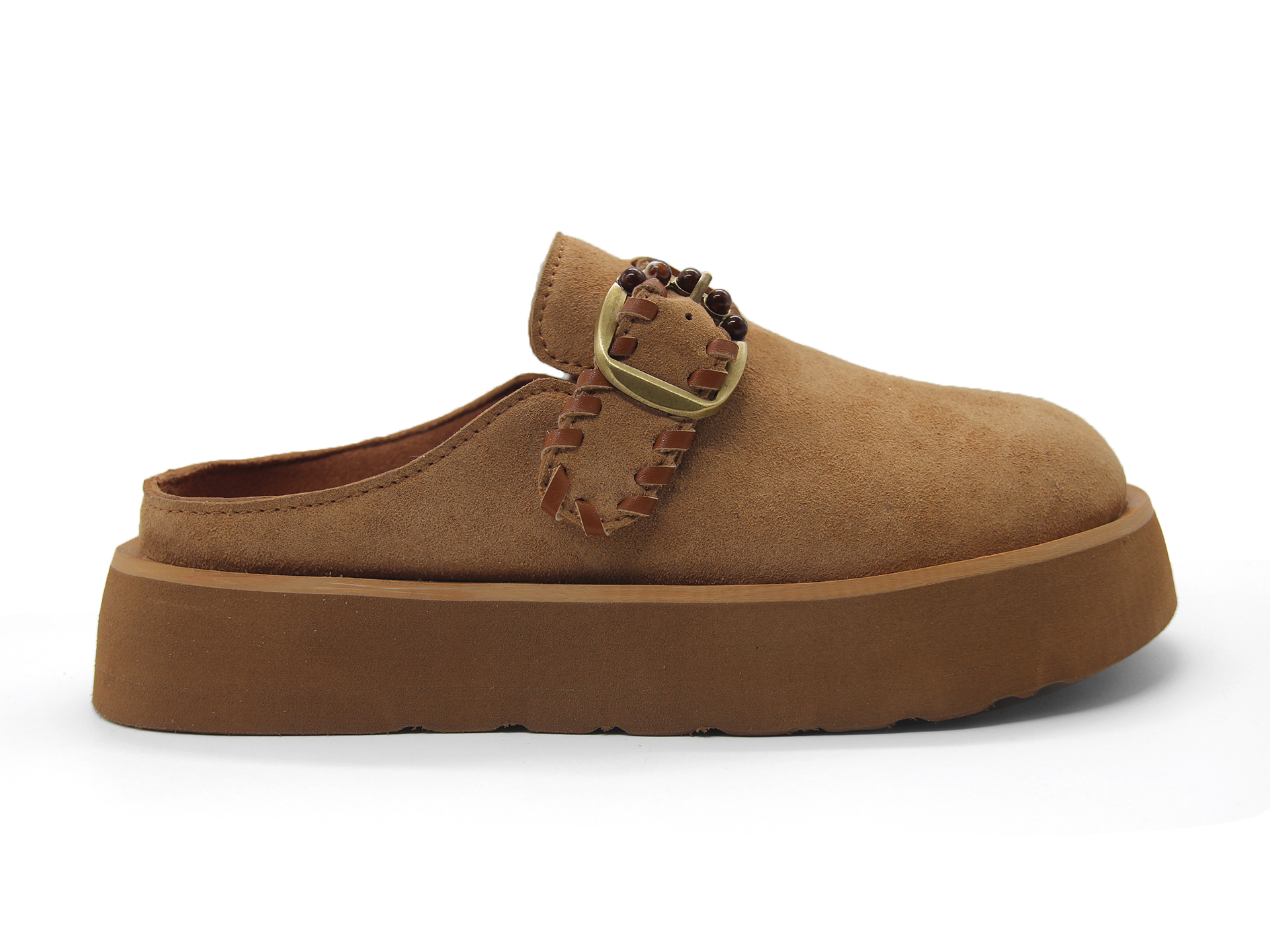 Women Retro Suede Platform Mule Clogs Beaded Buckle Backless Slides