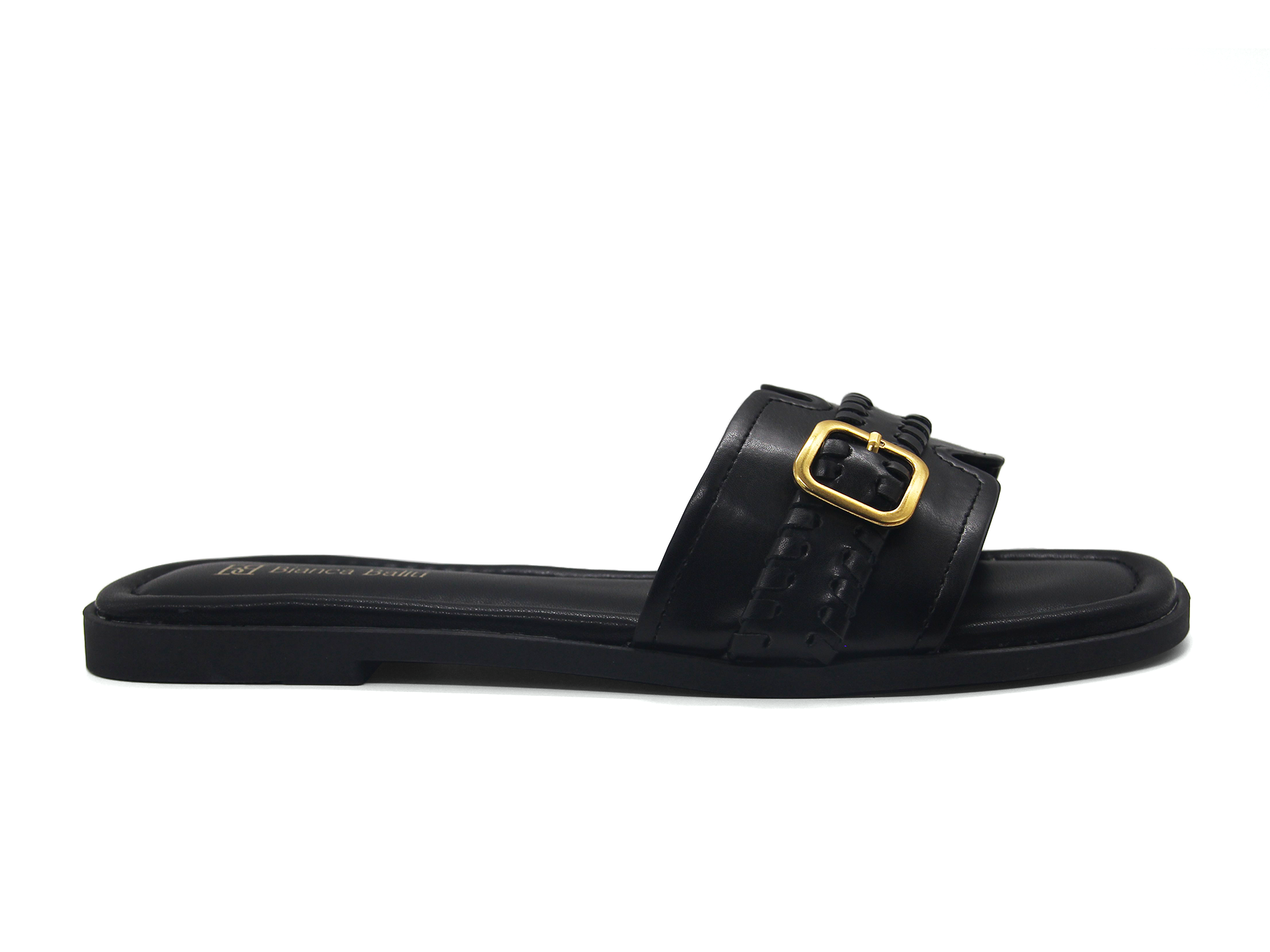 Women Woven‑Detail Buckle Slide Sandals, Retro Square‑Toe Flat Slip‑On Summer Slippers