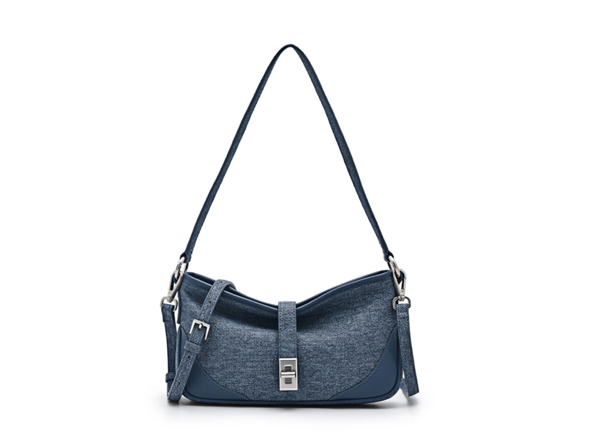 Vintage Jean Fabric Faux‑Leather Trim Baguette Bag
