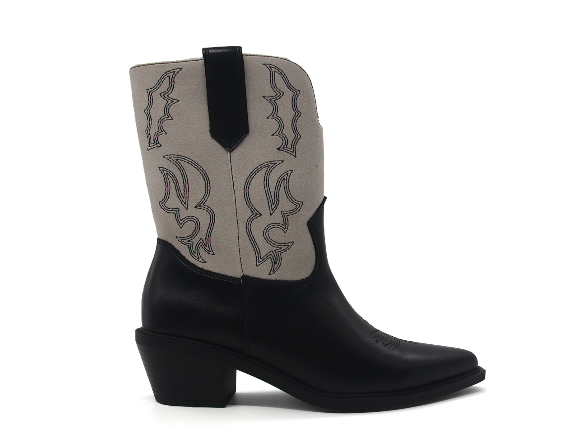 Women Mid‑Calf Western Cowgirl Boots Two‑Tone Embroidery Block Heel Pull‑On