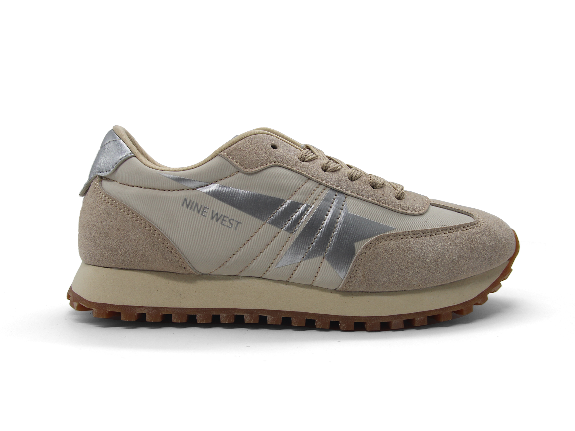 NINE WEST Women Retro Star Logo Sneakers, Suede‑Nylon Mixed Upper Lace‑Up Jogger Shoes, Serrated Rubber Outsole