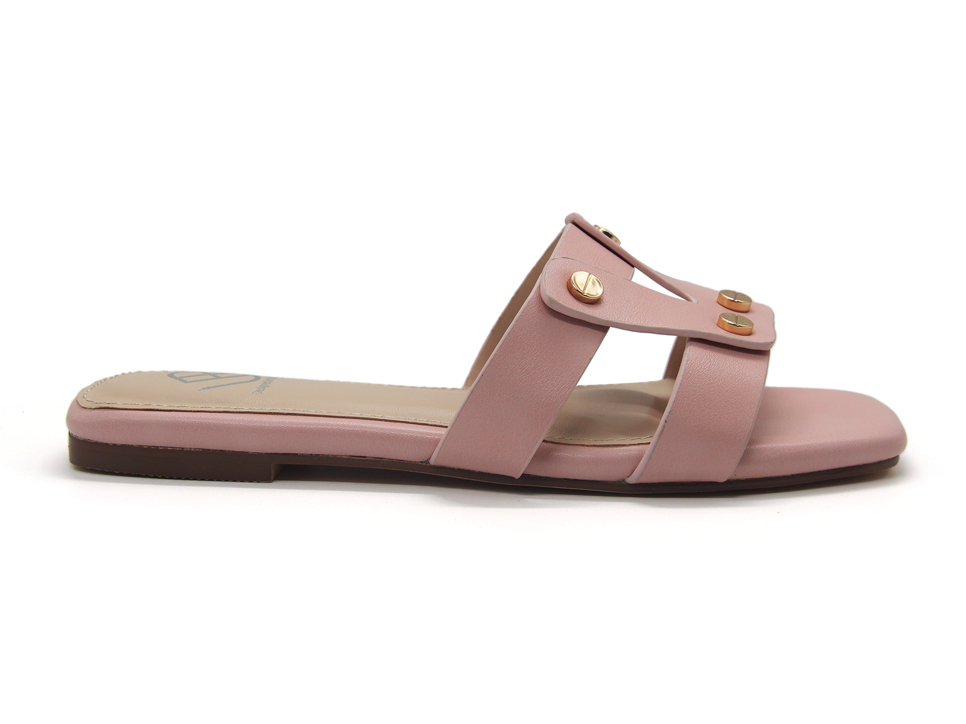 Women’s H‑Strap Square Toe Flat Slide Sandals with Metal Studs