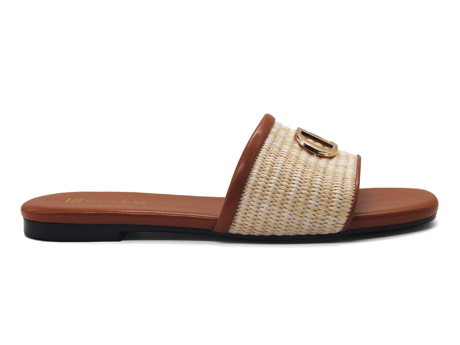 Women Raffia Metal‑Ornament Slide Sandals, Square‑Toe Flat Slip‑On Boho Vacation Slippers