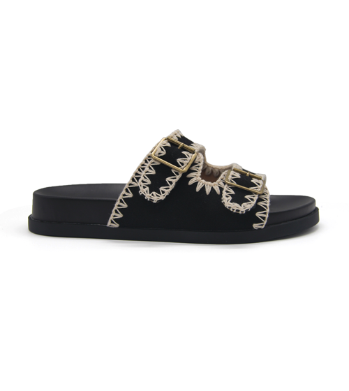 Women’s Boho Crochet Trim Double‑Buckle Slide Sandals