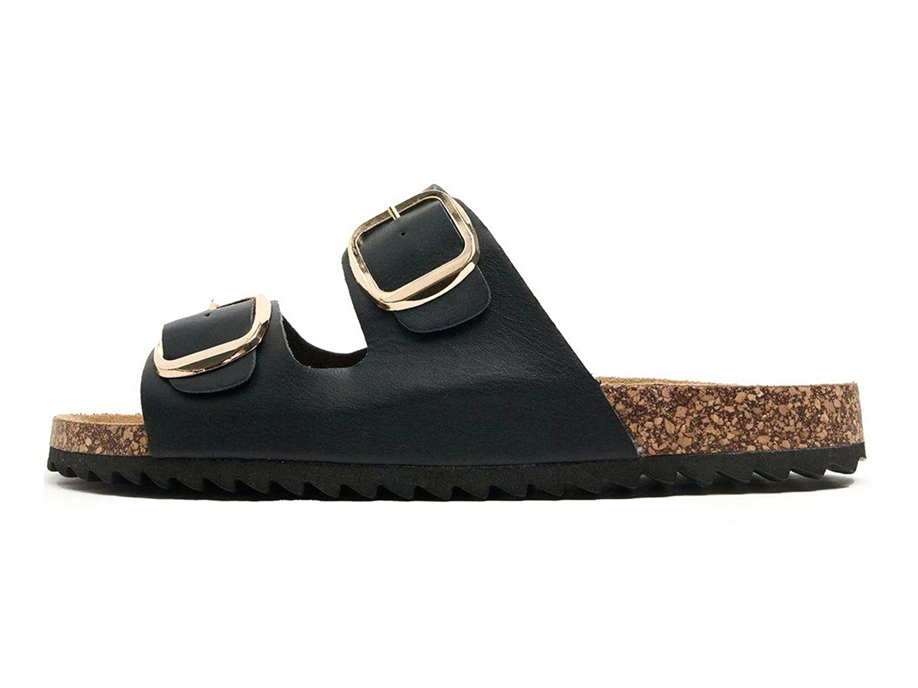 Cork Footbed Slides Double Gold Buckle Leather Sandals Arch Support Comfortable Slip-On Summer Sandals