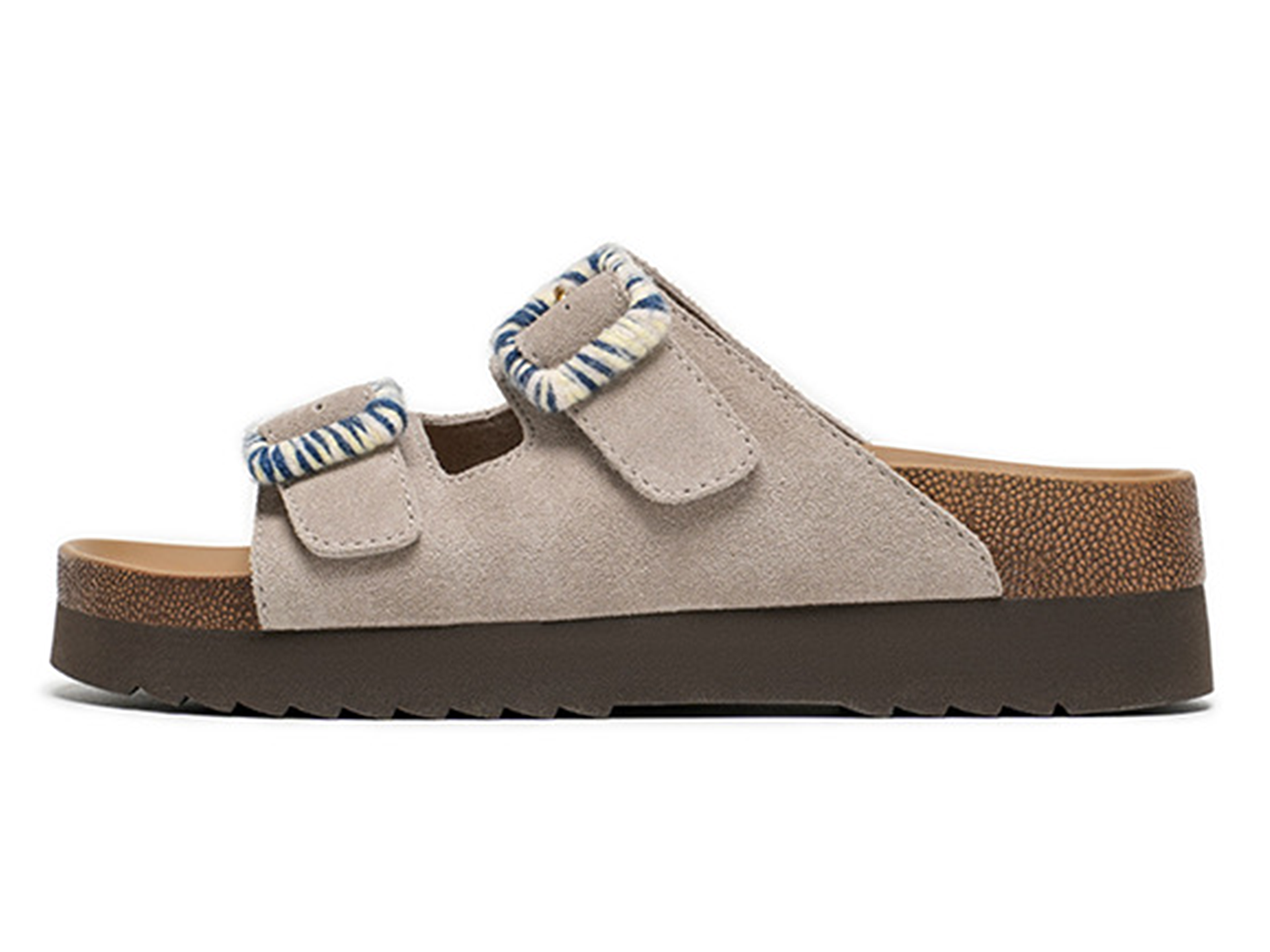 Platform Cork Footbed Slides Dual Adjustable Wrapped Buckle Nubuck Suede Slip‑On Summer Flat Sandals