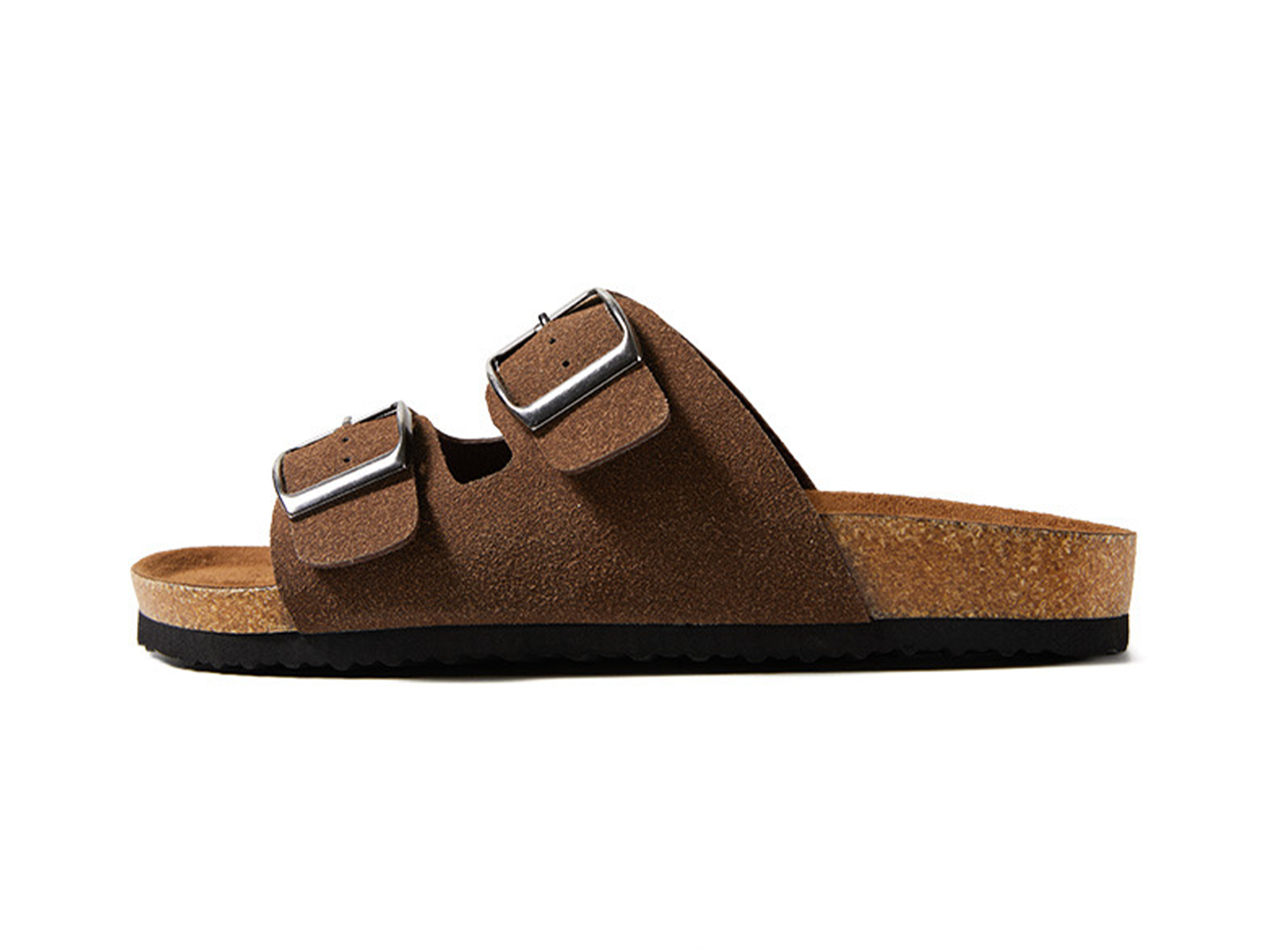 Women Double Buckle Cork Footbed Slide Sandals Suede Adjustable Strap Arch Support Casual Summer Slip‑On Slippers